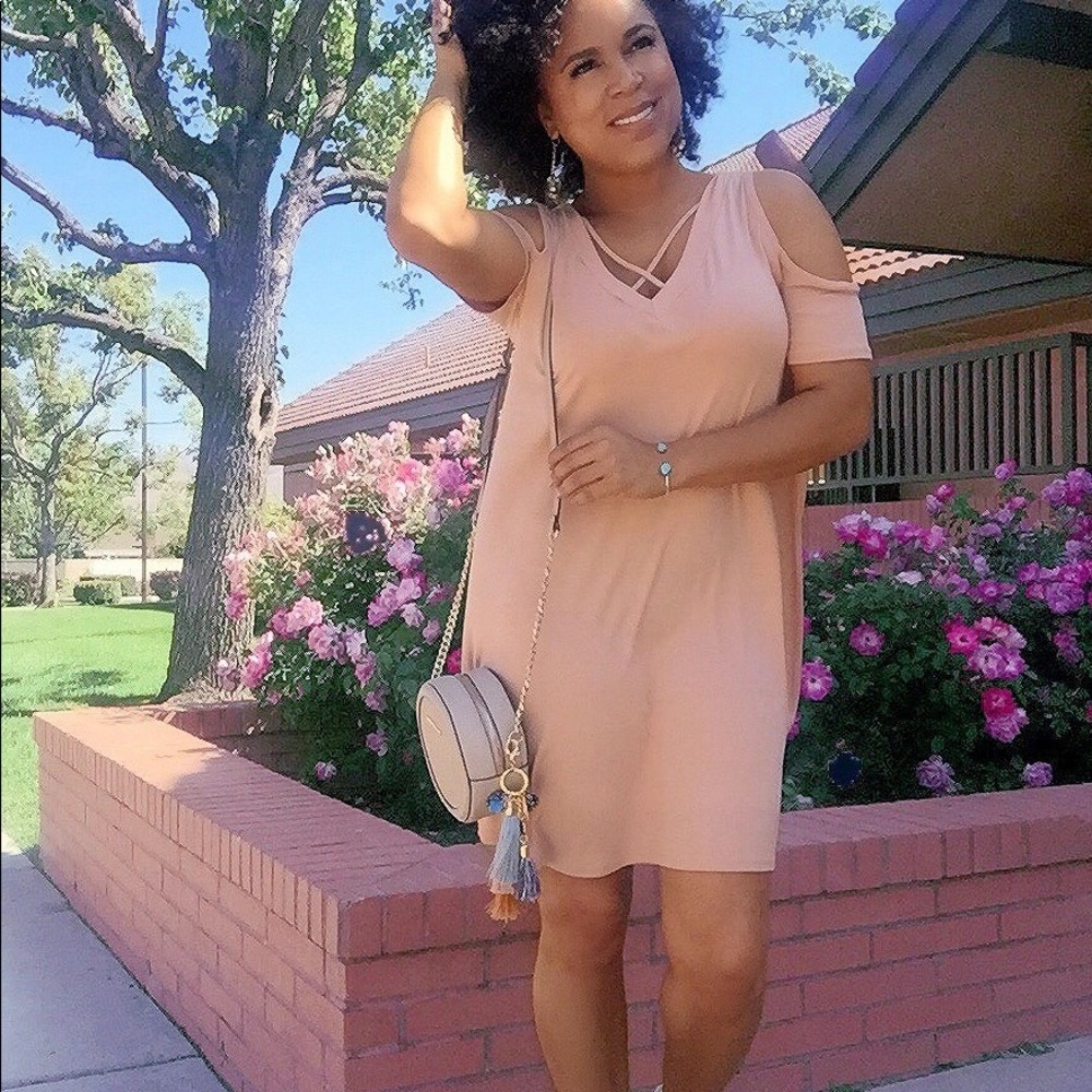 Nude criss-cross cold-shoulder dress, NWT - Picture 3 of 8